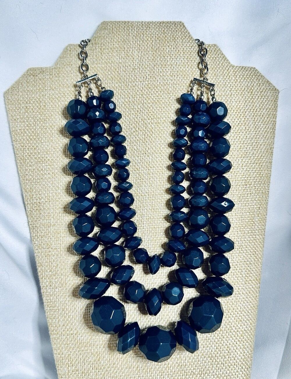 Lucky Brand Navy Blue Faceted Beaded Multi-Strand Statement Necklace Chunky Bib